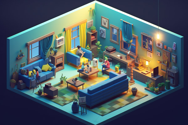 High Resolution: Colorful top-down illustration of a cozy living room with teal walls and warm lighting two blue sofas adorned with yellow cushions and potted plants scattered throughout download. | HRJPG.com