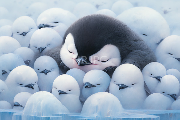 High Resolution: Adorable fluffy black-and-white penguin chick with closed eyes nestled among numerous small white chicks in icy blue surroundings download. | HRJPG.com