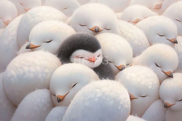High Resolution: Adorable fluffy black-and-white penguin with closed eyes nestled among numerous white puffins sleeping closely together in soft snow-like surroundings download. | HRJPG.com