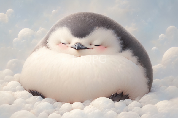 High Resolution: Adorable chubby penguin with closed eyes and blushing cheeks sitting in fluffy white snow clouds against a soft blue sky background download. | HRJPG.com