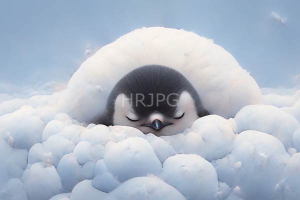 High Resolution: Adorable small penguin with closed eyes and black-and-white feathers nestled in soft white snow on icy terrain under a clear blue sky download. | HRJPG.com