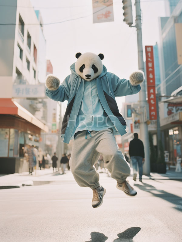 High Resolution: Asian man jumping in mid-air on a sunlit urban street wearing a panda mask and a light blue hoodie with modern buildings and Japanese signs in the background download. | HRJPG.com