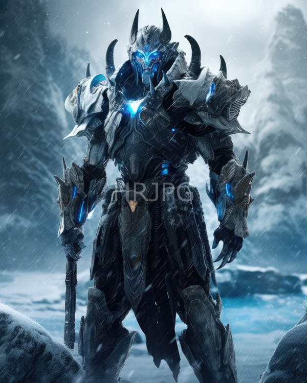 High Resolution: Imposing armored warrior standing in snowy terrain during heavy snowfall at night features dark metallic armor with glowing blue accents and horns on his helmet download. | HRJPG.com