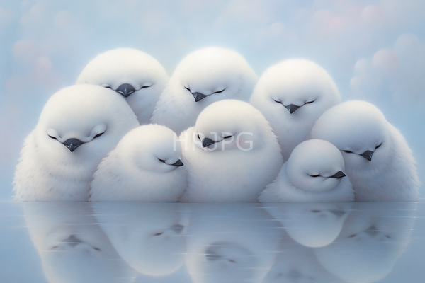 High Resolution: Nine fluffy white puffins with closed eyes and small black beaks huddled together on calm water reflecting their forms against a soft pastel blue background download. | HRJPG.com