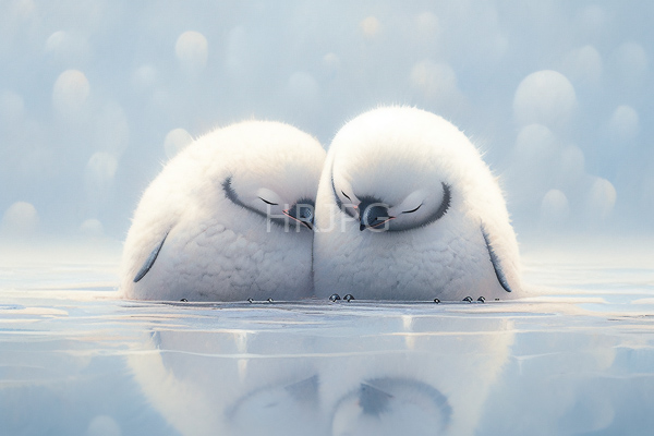 High Resolution: Two fluffy white seagulls with closed eyes and pink beaks nestled together in calm water with their reflections shimmering against an ethereal blue background download. | HRJPG.com