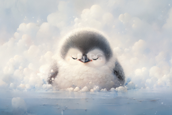 High Resolution: Adorable fluffy penguin with closed eyes and a small orange beak sitting in snowy bubbles on icy water against a dreamy pastel background download. | HRJPG.com