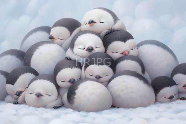 High Resolution: Twelve adorable fluffy penguins with white and black feathers cuddling together in an ice-filled background some with closed eyes and one with its tongue out download. | HRJPG.com