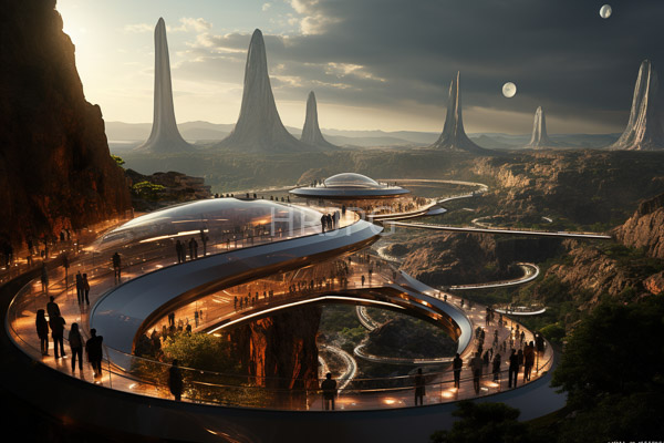 High Resolution: Futuristic sci-fi landscape at sunset with sleek silver domes and winding roads on rocky terrain surrounded by towering spire-like structures and two moons download. | HRJPG.com