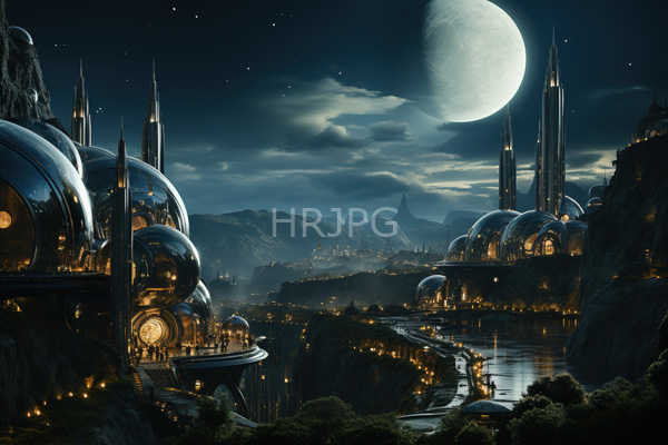 High Resolution: Illuminated futuristic cityscape at night with reflective dome-shaped buildings along rivers and mountains under a large full moon in a starry sky download. | HRJPG.com