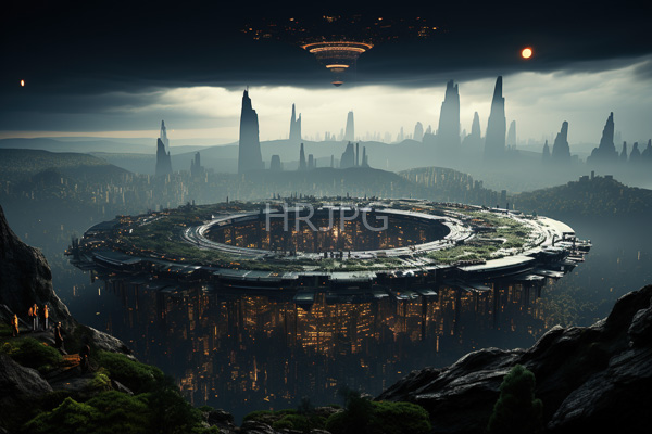 High Resolution: Expansive futuristic city floating in mid-air above rocky terrain under dark skies with a central circular structure with greenery on top and numerous smaller buildings download. | HRJPG.com