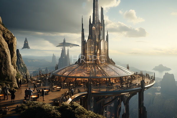 High Resolution: Elaborate futuristic cityscape with towering spire-like structures and sleek flying vehicles in mid-air with a central structure featuring a glass dome top download. | HRJPG.com