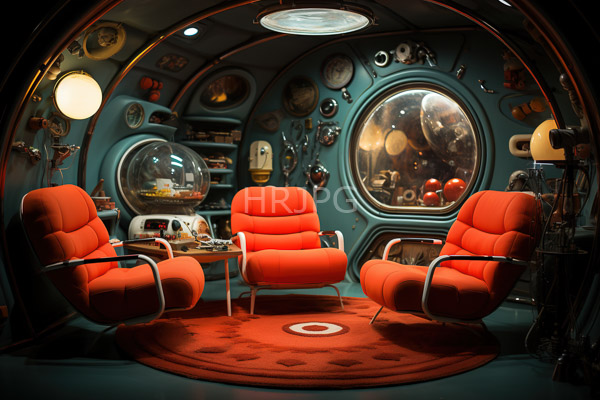 High Resolution: Eccentric retro-futuristic room with teal walls vintage gadgets and round windows with three vibrant orange upholstered chairs surrounding a small white table download. | HRJPG.com