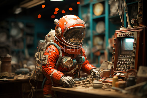 High Resolution: Astronaut in an orange vintage-style space suit with a clear helmet and breathing apparatus working at a cluttered workshop table surrounded by tools download. | HRJPG.com