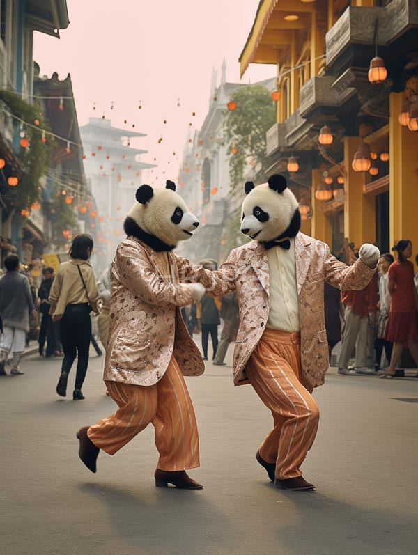 High Resolution: Two people in panda masks dancing on an Asian street wearing pink patterned jackets and orange striped pants against traditional yellow buildings with hanging lanterns download. | HRJPG.com