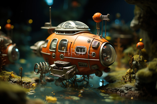 High Resolution: Intricately detailed orange retro-futuristic flying saucer with metallic accents and a clear dome hovering above water in a dark forest-like setting at night download. | HRJPG.com
