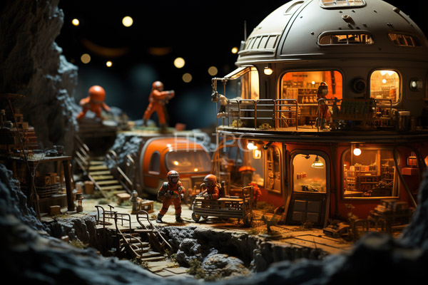 High Resolution: Intricate illuminated diorama depicts a sci-fi lunar colony at night with warm yellow and orange lights inside spherical buildings on rocky terrain with astronaut figures download. | HRJPG.com