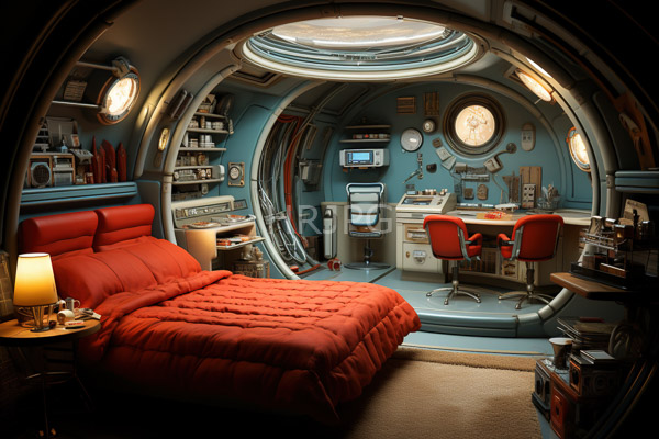 High Resolution: Intricately designed futuristic spaceship bedroom with curved walls and blue-gray metallic surfaces features a red quilted bed and a small desk area download. | HRJPG.com
