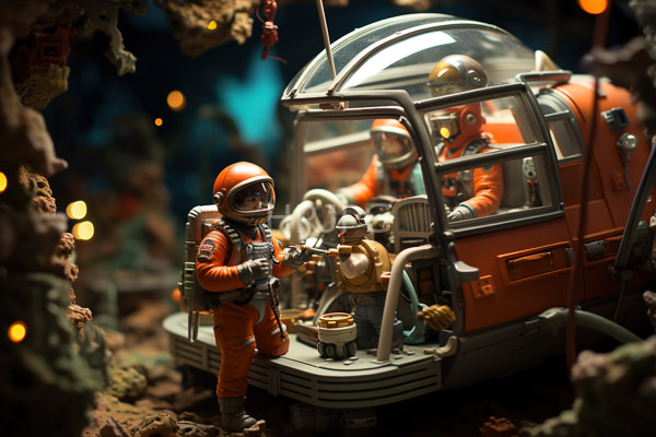 High Resolution: Intricate detailed diorama depicts two astronauts in orange space suits inside a small glass-domed spacecraft on rocky terrain at night one stands outside holding tools download. | HRJPG.com
