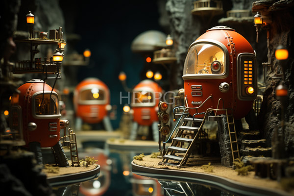 High Resolution: Intricate miniature diorama depicts a futuristic red spacecraft with transparent domes and metallic ladders on rocky terrain beside glowing lanterns download. | HRJPG.com