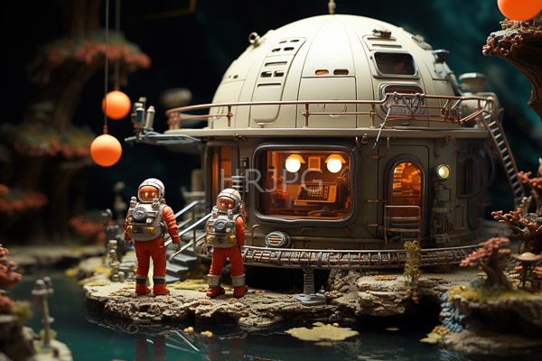 High Resolution: Intricate detailed diorama features two astronaut figurines in red and white space suits standing on rocky terrain beside a small dome-shaped spacecraft with illuminated windows download. | HRJPG.com