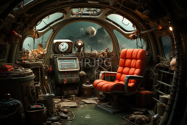 High Resolution: Old cluttered spaceship cockpit with an orange leather pilot chair a control panel with a Navigation display and windows showing a distant planet-like object download. | HRJPG.com