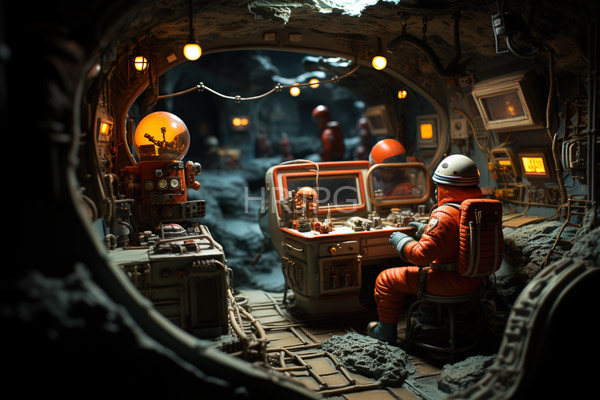 High Resolution: Astronaut in an orange suit and white helmet seated at a control panel inside a dim cave-like spacecraft with three other astronauts visible through a circular window download. | HRJPG.com