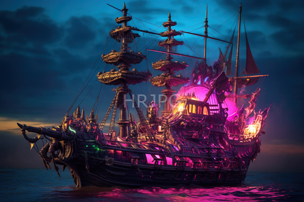 High Resolution: Ornate dark wooden pirate ship with intricate carvings and multiple masts illuminated by vibrant pink and purple lights against a twilight sky download. | HRJPG.com