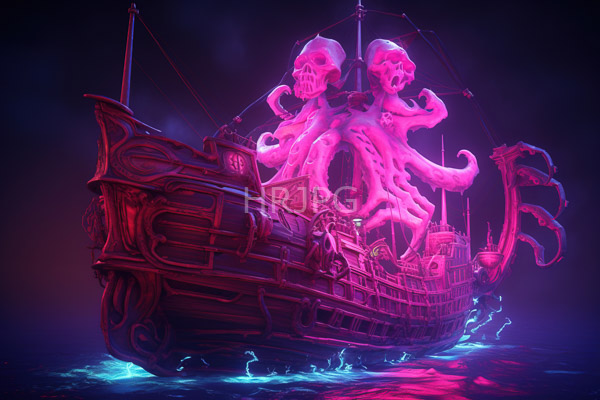 High Resolution: Eerie glowing pink ship with two octopus-like creatures on its mast against a dark purple and black background with neon blue water below download. | HRJPG.com