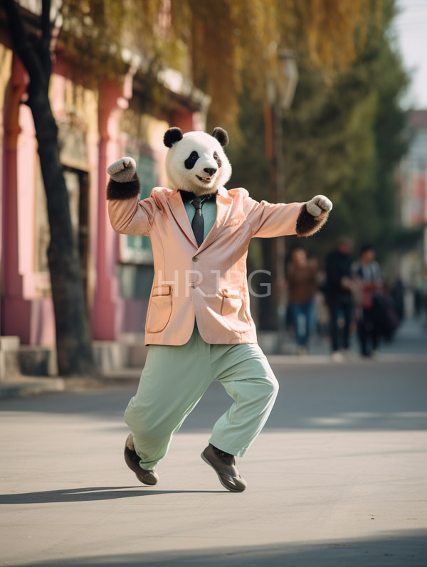 High Resolution: Anthropomorphic panda in mid-jump wearing a pastel pink blazer and light green pants with a dark blue tie on an urban street lined by trees and buildings download. | HRJPG.com