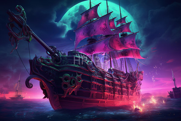 High Resolution: Ornate dark wooden pirate ship with glowing purple sails under a full moonlit sky in vivid neon hues pink and blue with small flames on the water's surface download. | HRJPG.com