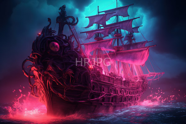 High Resolution: Eerie glowing pink and purple ship with tangled ropes on its bow with sails billowing in misty blue light against a dark sky over turbulent water download. | HRJPG.com