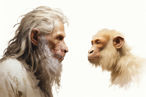 High Resolution: Elderly white-haired man with a beard faces off against a young monkey-like creature with beige fur on a plain white background download. | HRJPG.com