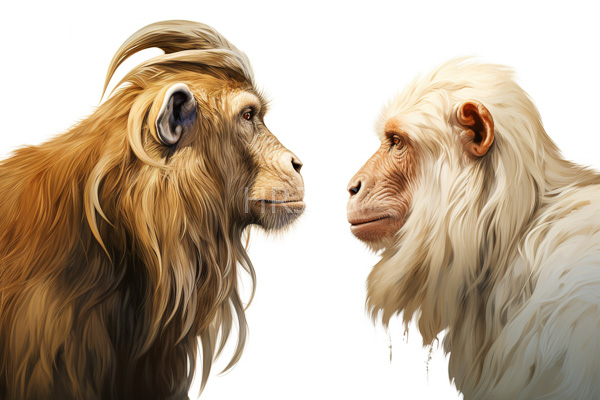 High Resolution: Two anthropomorphic monkeys facing each other against a white background one with a golden-brown flowing mane and a serious expression the other with pale cream fur download. | HRJPG.com