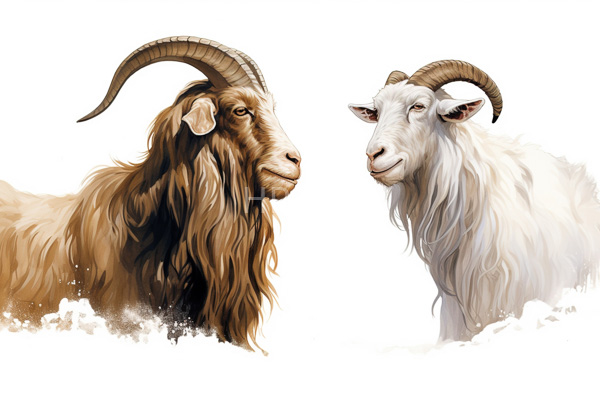 High Resolution: Two goats with detailed realistic textures facing each other against a white background one with dark brown fur and large curved horns the other lighter-colored download. | HRJPG.com