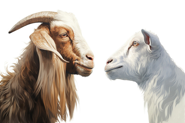 High Resolution: Two goats facing each other against a white background one with brown fur long curved horns and beard-like hair the other pure-white with short ears download. | HRJPG.com