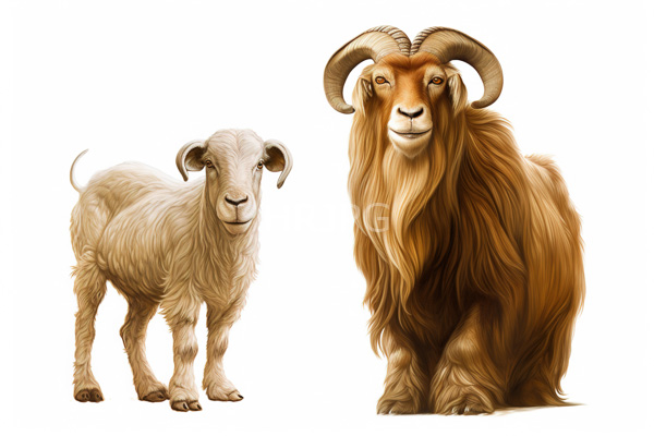 High Resolution: Two goats against a white background with detailed fur textures one smaller with short horns and the other with large curved brownish-orange curled horns and long mane download. | HRJPG.com