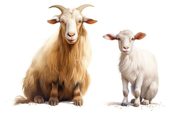 High Resolution: Adult and baby goat-like creature against a white background with realistic textures the mature goat has long brownish-beige fur and curved horns sitting upright download. | HRJPG.com