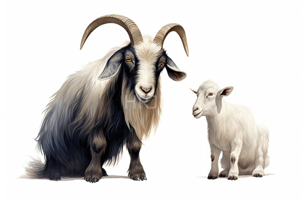 High Resolution: Adult black and white goat with large curved horns standing beside its small fluffy-white kid on a plain background download. | HRJPG.com