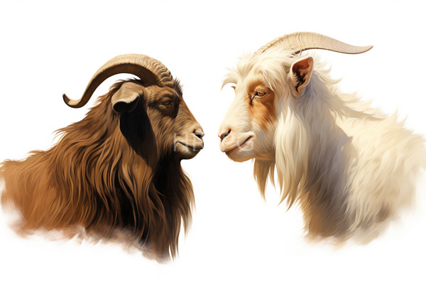 High Resolution: Two goats facing each other against a white background showcasing detailed fur textures one with a dark brown coat and prominent curved horns the other with a creamy-white mane download. | HRJPG.com