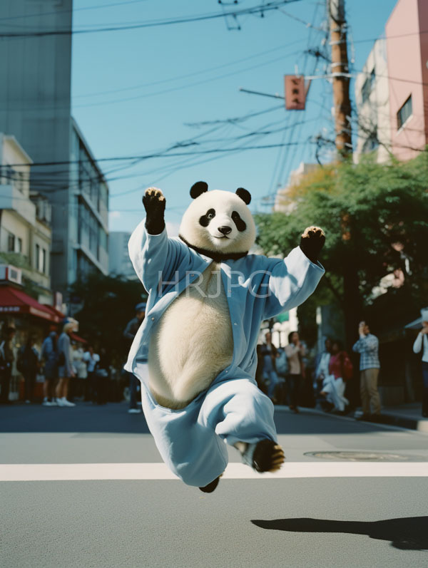 High Resolution: Anthropomorphic panda in light blue traditional Chinese martial arts attire mid-jump across a street with raised arms and paws visible against an urban background download. | HRJPG.com