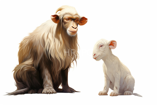 High Resolution: Adult and baby goat-like creature with realistic textures against a white background the larger figure has long brown-and-white fur and expressive eyes sitting upright download. | HRJPG.com