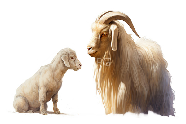 High Resolution: Two goats against a white background a small fluffy beige baby goat sits facing an adult tan-furred male goat featuring large curved horns and long beard-like hair download. | HRJPG.com