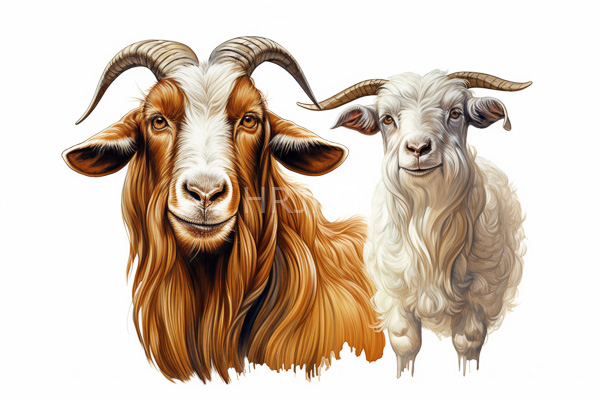 High Resolution: Two goats against a white background with detailed fur textures one with long brown hair large curved horns and the other a smaller goat with fluffy white wool and shorter straight horns download. | HRJPG.com