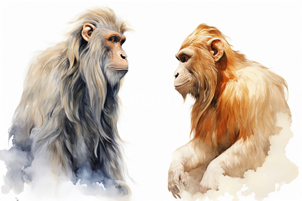 High Resolution: Watercolor-style illustration of two realistic detailed apes facing each other against a white background one with grayish fur and the other with golden-brown hair download. | HRJPG.com