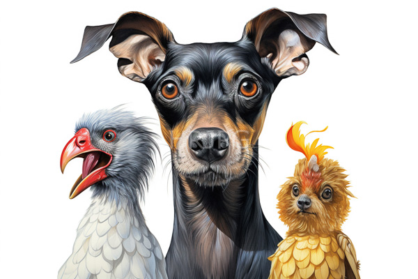 High Resolution: Three animals against a white background an alert black-and-brown dog a gray chicken with a red beak and a yellow chick-like birdlet download. | HRJPG.com