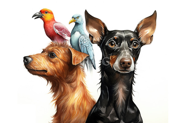 High Resolution: Three animals against a white background two dogs and one bluebird perched atop the head of the black-and-tan dog with pointed ears download. | HRJPG.com