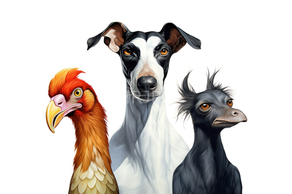 High Resolution: Three animals against a white background an elegant black-and-white dog an alert red-orange rooster and a small grayish-black bird resembling an ostrich download. | HRJPG.com