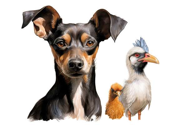 High Resolution: Attentive black and brown dog with perked ears standing beside two birds one bird is tall with blue crest feathers and red eyes holding a smaller orange-brown chick download. | HRJPG.com
