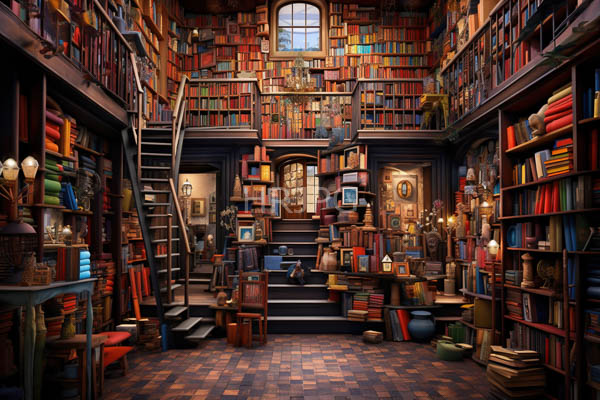High Resolution: Intricately detailed cozy library with rich wooden shelves filled to capacity on all sides with colorful books dominating every surface download. | HRJPG.com