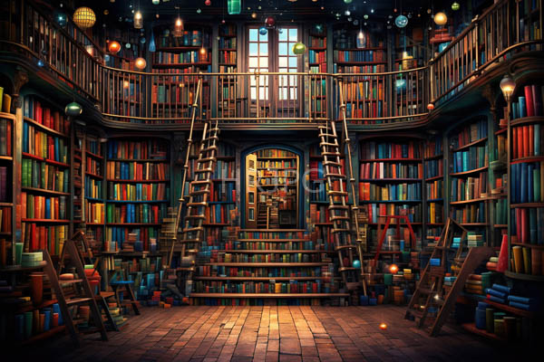 High Resolution: Vibrant illustration of an enchanting library with two levels filled with colorful books on wooden shelves with a central staircase under a starry night sky download. | HRJPG.com